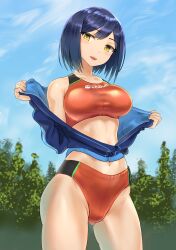 Rule 34 | 1girl, abs, blue hair, breasts, buruma, day, dokiyuri, highres, jacket, large breasts, looking at viewer, medium hair, navel, nijisanji, open clothes, open jacket, open mouth, outdoors, shizuka rin, smile, solo, sports bikini, standing, track and field, track jacket, tree, virtual youtuber, yellow eyes