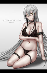 Rule 34 | 1girl, arm under breasts, armband, bad id, bad pixiv id, breasts, choker, cleavage, collarbone, commentary request, destroyer (girls&#039; frontline), english text, gaia (girls&#039; frontline), girls&#039; frontline, grey hair, hair between eyes, highres, legband, letterboxed, lingerie, long hair, multicolored hair, navel, sangvis ferri, selcky, sitting, solo, streaked hair, underwear, very long hair, white hair, yellow eyes