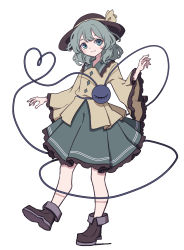 Rule 34 | 1girl, absurdres, blue eyes, blush stickers, boots, bow, closed mouth, eyebrows hidden by hair, flat chest, full body, green hair, green skirt, hand up, hat, hat bow, heart, heart of string, highres, kame (kamepan44231), komeiji koishi, light smile, long sleeves, looking at viewer, medium hair, one-hour drawing challenge, petticoat, shirt, simple background, skirt, solo, standing, standing on one leg, third eye, touhou, white background, wide sleeves, yellow bow, yellow shirt