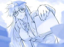 Rule 34 | 1girl, :o, bent over, blue theme, book, buttons, collared shirt, glasses, hair intakes, holding, holding book, long hair, long sleeves, looking at viewer, messy hair, monochrome, necktie, open mouth, parted bangs, r.o.d the tv, read or die, shirt, skirt, solo, very long hair, vest, waistcoat, yomiko readman, youhei 64d