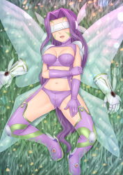 Rule 34 | 1girl, armor, bikini, boots, bra, breasts, butterfly wings, butterfly wings gauntlets, covered eyes, digimon, digimon frontier, facial mark, fairimon, fairy, garter straps, gloves, highres, insect wings, mask, medium breasts, navel, open mouth, panties, purple bikini, purple bra, purple gloves, purple hair, purple panties, solo, spread legs, swimsuit, underwear, visor (armor), wings