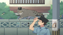 Rule 34 | 1boy, arm at side, blue shirt, brown eyes, brown hair, buttons, cat, collared shirt, day, hand up, hat, hat tip, highres, house, kojiro337, looking at another, male focus, missing poster, original, outdoors, parted lips, police, police hat, police uniform, shirt, short hair, short sleeves, sign, solo, stone wall, uniform, upper body, utility pole, wall, wing collar