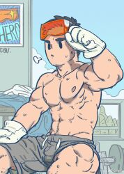 Rule 34 | . ., 1boy, abs, bara, bedroom, du dou (weibo 2308297784), dumbbell, feet out of frame, gloves, goggles, goggles on head, highres, leg hair, looking ahead, male focus, navel hair, nipples, original, pectorals, short hair, sigh, solo, stomach, sweat, thick thighs, thighs, toned, toned male, topless male, very sweaty, white gloves