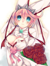 Rule 34 | 1girl, ascot, blue eyes, blush, bouquet, bra, bra peek, breasts, bridal veil, cleavage, cleavage cutout, closed mouth, clothing cutout, clover, dress, earrings, elphelt valentine, eyebrows, eyes visible through hair, facing away, flower, four-leaf clover, grey hairband, guilty gear, guilty gear xrd, hair between eyes, hairband, highres, hime gyo, jewelry, lace, lace-trimmed dress, lace trim, large breasts, leaf, long sleeves, looking at viewer, pink hair, pink lips, red bra, red flower, red rose, rose, short hair, smile, solo, spiked hairband, spikes, tareme, turtleneck, underwear, upper body, v arms, veil, white ascot, white background, white dress