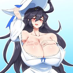 Rule 34 | 1girl, alternate breast size, armpits, breasts, cleavage, dress, filia (skullgirls), hand on own chest, hat, highres, huge breasts, mannungei, red eyes, samson (skullgirls), skullgirls, slit pupils, solo, tagme