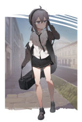 Rule 34 | 1girl, absurdres, ahoge, bare legs, black footwear, black gloves, black necktie, black skirt, blue sky, blush, boots, breast pocket, building, carrying, carrying case, city, cityscape, clear sky, closed mouth, collared shirt, commentary, day, door, dress shirt, european architecture, full body, girls&#039; frontline, gloves, grass, grey footwear, grey hair, grey jacket, grey socks, guitar case, hair between eyes, hand on headset, hand on own cheek, hand on own face, hand up, head tilt, headset, highres, instrument case, jacket, looking to the side, loose clothes, loose shirt, m200 (girls&#039; frontline), messy hair, miniskirt, necktie, off shoulder, outdoors, parted bangs, pavement, pleated skirt, pocket, purple eyes, road, serious, shirt, sidelocks, skirt, sky, socks, standing, swept bangs, tr07, twintails, two-tone boots, white shirt, window, wooden door