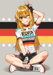 Rule 34 | 1girl, ;q, absurdres, arm up, bike jersey, bike shorts, black gloves, blonde hair, blush, closed mouth, clothes writing, comeo (komeo15), commentary, fingerless gloves, flag background, flag print, full body, german flag, gloves, green eyes, highres, looking at viewer, multicolored background, one eye closed, original, short sleeves, sitting, slit pupils, smile, solo, sportswear, star (symbol), straight hair, symbol-only commentary, tongue, tongue out, v, white footwear