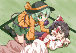 Rule 34 | 2girls, :o, all fours, aqua hair, black footwear, black hair, black headwear, blanket, boots, bow, bright pupils, cheek poking, commentary request, detached sleeves, frilled sleeves, frills, green eyes, green skirt, hair between eyes, hair bow, hair tubes, hakurei reimu, hat, indoors, komeiji koishi, long hair, long sleeves, looking at another, lying, multiple girls, on side, own hands together, poking, ponytail, red vest, ribbon-trimmed sleeves, ribbon trim, sarashi, shirt, short hair, skirt, sleeping, smile, sugiyama ichirou, tatami, touhou, under covers, untucked shirt, vest, white pupils, yellow shirt