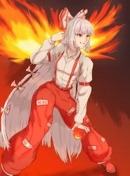Rule 34 | 1girl, absurdres, baggy pants, belt, bow, collared shirt, commentary, commentary request, fiery wings, fire, fujiwara no mokou, grin, hair bow, hair ribbon, highres, hime cut, hound (ddda3110), long hair, long sleeves, ofuda, pants, pyrokinesis, red background, red eyes, red footwear, red pants, ribbon, shirt, shoes, sidelocks, smile, solo, suspenders, touhou, very long hair, white hair, white shirt, wings