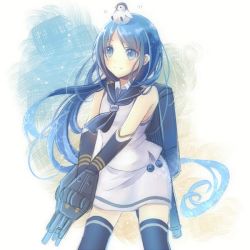 Rule 34 | 10s, 1girl, animal, animal on head, bare shoulders, bird, black thighhighs, blue eyes, blue hair, kantai collection, long hair, looking at viewer, matching hair/eyes, neckerchief, on head, penguin, personification, samidare (kancolle), serino itsuki, skirt, skirt set, smile, solo, thighhighs, very long hair, white s