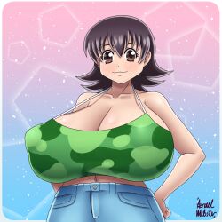 Rule 34 | 1girl, azraelwebster, azumanga daiou, blush, breasts, brown eyes, brown hair, cleavage, denim, gigantic breasts, hands on own hips, highres, jeans, looking at viewer, pants, smile, solo, takino tomo, tank top