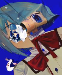 Rule 34 | 1girl, absurdres, all fours, blue eyes, blue footwear, blue hair, blue skirt, blue theme, bow, bowtie, buttons, cape, character print, closed eyes, commentary, detached sleeves, dual persona, from above, gloves, highres, kyubey, mahou shoujo madoka magica, mahou shoujo madoka magica (anime), mihifu, miki sayaka, mitakihara school uniform, oversized object, red bow, red bowtie, school uniform, shirt, short hair, skirt, solo, surreal, white cape, white gloves, wide shot