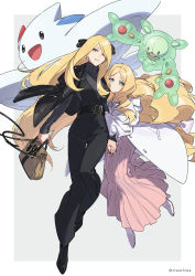 Rule 34 | 2girls, alternate costume, artist name, bag, belt, black footwear, black pants, blonde hair, buttons, caitlin (pokemon), closed mouth, commentary request, creatures (company), cynthia (pokemon), eyelashes, floating hair, game freak, gen 4 pokemon, gen 5 pokemon, grey eyes, hair ornament, hand grab, highres, holding, holding bag, long hair, looking at viewer, multiple girls, nintendo, open clothes, pants, parted bangs, parted lips, pokemon, pokemon (creature), pokemon bw, pokemon dppt, reuniclus, shoes, smile, togekiss, very long hair, xia (ryugo)