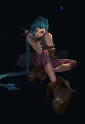 Rule 34 | 1girl, absurdres, arcane: league of legends, arcane jinx, arm tattoo, asymmetrical bangs, asymmetrical hair, bandaid, bandaid on leg, black background, blue hair, blue nails, bomb, braid, brown footwear, brown gloves, closed mouth, commentary, english commentary, explosive, fingernails, full body, gloves, gun, highres, holding, holding bomb, jinx (league of legends), league of legends, long hair, looking at viewer, messy hair, multicolored pants, nail polish, pants, pink eyes, pink nails, pink pants, purple pants, qi mang (qimang), serious, simple background, sitting, solo, striped clothes, striped pants, tattoo, twin braids, very long hair, weapon