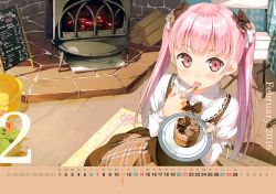 Rule 34 | 1girl, absurdres, black bow, bow, brown skirt, cake, calendar, food, hair bow, highres, holding, holding plate, huge filesize, icing, kantoku, long hair, looking at viewer, miyaguchi kanna, original, pink eyes, pink hair, plaid, plaid skirt, plate, sitting, skirt, solo, twintails