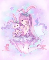 Rule 34 | 1girl, ;), animal ears, ballet slippers, blush, cia0 cia, crescent, crescent necklace, disney, dress, flower, full body, hair flower, hair ornament, hand up, holding, holding stuffed toy, jewelry, kneeling, long hair, moon pendant, necklace, one eye closed, pendant, personification, pink slippers, purple dress, purple eyes, purple theme, rabbit ears, slippers, smile, star (symbol), stellalou, stuffed animal, stuffed rabbit, stuffed toy, tutu, twintails, unworn slippers