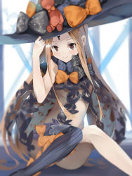 Rule 34 | 1girl, abigail williams (fate), abigail williams (second ascension) (fate), absurdres, asymmetrical legwear, black bow, black hat, black panties, black thighhighs, blonde hair, blurry, blurry background, bow, brown eyes, closed mouth, commentary request, depth of field, fate/grand order, fate (series), hand on headwear, hat, hat bow, highres, keyhole, long hair, looking at viewer, navel, orange bow, panties, parted bangs, polka dot, polka dot bow, revealing clothes, single thighhigh, smile, solo, stuffed animal, stuffed toy, teddy bear, thighhighs, topless, underwear, uneven legwear, very long hair, witch hat, yonago miko