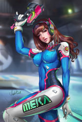 Rule 34 | 1girl, absurdres, acronym, animal print, arm at side, arm up, artist name, blue bodysuit, bodysuit, breasts, brown eyes, brown hair, character name, charm (object), clothes writing, covered erect nipples, covered navel, cowboy shot, d.va (overwatch), douglas bicalho, emblem, facepaint, facial mark, finger on trigger, gloves, gun, handgun, hangar, headphones, high collar, highres, holding, holding gun, holding weapon, indoors, leg up, lips, long hair, looking at viewer, medium breasts, nose, overwatch, overwatch 1, parted lips, pilot suit, pink lips, pinky out, pistol, rabbit print, ribbed bodysuit, shoulder pads, signature, skin tight, solo, swept bangs, weapon, whisker markings, white gloves