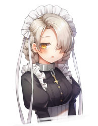 Rule 34 | 1girl, :o, absurdres, apron, azur lane, bad id, bad pixiv id, beomko, black dress, blonde hair, blush, braid, buttons, collar, dress, forehead, french braid, frilled apron, frills, hair over one eye, highres, juliet sleeves, long sleeves, looking at viewer, maid, maid headdress, mask, mouth mask, puffy sleeves, sheffield (azur lane), simple background, solo, surgical mask, underbust, upper body, white apron, white background, yellow eyes