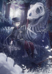 Rule 34 | 1boy, angel31424, blurry, braid, capelet, corss, cross, depth of field, dinosaur, gloves, hat, high collar, highres, jewelry, long hair, male focus, necklace, original, outdoors, single braid, sitting, slit pupils, snowing, solo, top hat