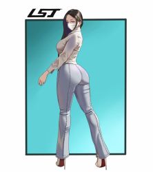 Rule 34 | 1girl, ass, bell-bottoms, black hair, breasts, commentary request, forehead, from behind, full body, high heels, highres, large breasts, legs, legs apart, long hair, long sleeves, looking at viewer, looking back, mask, mouth mask, original, pants, pink eyes, platform footwear, platform heels, shirt, sideboob, simple background, solo, standing, thighs, user xcda5484, v-shaped eyebrows, white background, white footwear, white shirt, white sleeves