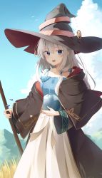 Rule 34 | 1girl, absurdres, bird, black capelet, black coat, black hat, blue dress, capelet, cloud, coat, commentary, crystal ball, day, dress, elaina (majo no tabitabi), grey hair, hair between eyes, hat, highres, holding, long sleeves, looking at viewer, majo no tabitabi, open mouth, opm7760, outdoors, smile, solo, standing, two-tone dress, white dress, wide sleeves, witch hat