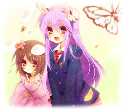 Rule 34 | 2girls, :3, animal ears, bad id, bad pixiv id, blazer, border, brown hair, bug, rabbit ears, butterfly, carrot, crescent, fading border, female focus, flower, hair flower, hair ornament, inaba tewi, bug, jacket, jewelry, leaning forward, long hair, multiple girls, nochita shin, open mouth, pendant, purple hair, red eyes, reisen udongein inaba, short hair, smile, touhou