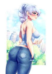 Rule 34 | 1girl, absurdres, ass, back, bare shoulders, blue eyes, blush, braid, braided ponytail, breasts, city, denim, dimples of venus, earrings, hand in pocket, highres, huge ass, jeans, jewelry, large breasts, lips, long hair, pants, phloxberry, phone, ponytail, rwby, sky, sleeveless, smile, solo, thick thighs, thighs, tight clothes, tight pants, tree, weiss schnee, white hair