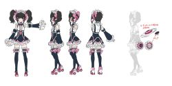 Rule 34 | 1girl, alternate costume, artist request, black dress, black hair, black ribbon, black thighhighs, bow, breasts, character sheet, detached sleeves, dress, enmaided, expressionless, frilled dress, frilled shirt, frilled sleeves, frilled thighhighs, frills, full body, headphones, highres, maid, maid headdress, multiple views, neck ribbon, official art, pigeon-toed, pink bow, pink eyes, pink footwear, pink ribbon, platform footwear, ribbon, ribbon-trimmed legwear, ribbon trim, roller skates, senki zesshou symphogear, senki zesshou symphogear xd unlimited, shirt, simple background, skates, small breasts, symphogear pendant, thighhighs, translated, tsukuyomi shirabe, twintails, underbust, weapon, weapon request, white background, white frills, white shirt