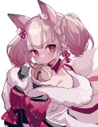Rule 34 | 1girl, animal ear fluff, animal ears, bare shoulders, bell, black gloves, bow, braid, breasts, brown hair, closed mouth, collar, detached collar, fur-trimmed kimono, fur trim, gloves, hair ornament, hand up, head tilt, japanese clothes, jingle bell, karunabaru, kimono, light blush, looking at viewer, multiple tails, neck bell, off shoulder, red bow, red collar, red eyes, sekka (shadowverse), shadowverse, short hair, side braid, simple background, small breasts, solo, tail, twintails, upper body, v-shaped eyebrows, waist bow, white background, white kimono