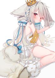 Rule 34 | 1girl, ahoge, animal ears, bare shoulders, blue bow, blue ribbon, blush, bow, commission, crown, dress, eip (pepai), fox ears, fox girl, fox tail, from behind, gloves, grey hair, hair ribbon, highres, long hair, looking at viewer, looking back, mini crown, original, red eyes, ribbon, sakurada shiro (hy plus), simple background, skeb commission, solo, tail, tail bow, tail ornament, white background, white dress, white gloves