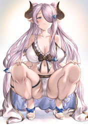 Rule 34 | 1girl, aldehyde, bikini, breasts, butterfly hair ornament, cleavage, draph, granblue fantasy, hair ornament, hair over one eye, half-closed eyes, hands on own knees, highres, horns, large breasts, long hair, looking at viewer, narmaya (granblue fantasy), narmaya (summer) (granblue fantasy), navel, pink hair, pointy ears, sandals, sarong, smug, solo, squatting, swimsuit, thick thighs, thigh strap, thighs, white background, white bikini