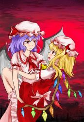 Rule 34 | 2girls, :d, ascot, bat wings, blonde hair, blue hair, blush, bow, carrying, crystal, demon wings, dress, eye contact, fang, flandre scarlet, hat, incest, light purple hair, looking at another, mob cap, multiple girls, night, night sky, open mouth, pan-ooh, pink dress, puffy short sleeves, puffy sleeves, purple hair, red bow, red eyes, red ribbon, red skirt, red sky, red vest, remilia scarlet, ribbon, scarlet devil mansion, short hair, short sleeves, siblings, side ponytail, sisters, skirt, sky, smile, socks, star (sky), starry sky, touhou, vampire, vest, white legwear, wings, yuri