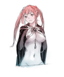 Rule 34 | 1girl, :&lt;, bad id, bad pixiv id, between breasts, breasts, cape, covered erect nipples, dicorndl, groin, hand on own chest, highres, large breasts, looking to the side, naked cape, navel, simple background, sketch, solo, sweat, twintails, white background