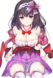 Rule 34 | 1girl, black hair, blush, grabbing another&#039;s breast, breasts, brown eyes, cleavage, cleavage cutout, clothing cutout, dress, dress shirt, fate/grand order, fate (series), grabbing, hair ornament, haishiki, highres, osakabehime (fate), ribbon, shirt, skirt, smile, solo, thighhighs