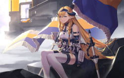 Rule 34 | 1girl, arknights, arm strap, bare shoulders, blonde hair, blue eyes, blue hairband, blue necktie, breasts, commentary, cup, elbow gloves, english commentary, feet out of frame, fingerless gloves, flag, gloves, grin, hair between eyes, hairband, holding, holding cup, holding saucer, horns, large breasts, long hair, manjyufroth, necktie, planted, planted sword, planted weapon, rapier, saileach (arknights), saucer, shirt, sitting, smile, solo, sword, teacup, thighhighs, very long hair, weapon, white shirt, white thighhighs