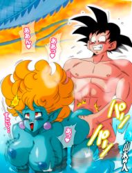 Rule 34 | 1boy, 1girl, afterimage, ass, ass grab, belly, bent over, big hair, blue lips, blue skin, bouncing breasts, breasts, colored skin, doggystyle, dragon ball, dragonball z, earrings, eyelashes, eyeliner, eyeshadow, fangs, happy sex, hebihime (dragon ball), hetero, highres, interspecies, jewelry, large breasts, lips, lipstick, long hair, makeup, monster, monster girl, muscular, muscular male, netorare, nipples, nude, open mouth, orange hair, partially submerged, pointy ears, red eyes, ring, sex, sex from behind, sharp teeth, son goku, sphere earrings, stud earrings, teeth, thick thighs, thighs, tight clothes, water, yamamoto doujin