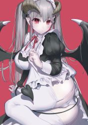 Rule 34 | 1girl, absurdres, ass, blush, breasts, closed mouth, clothes lift, demon girl, demon horns, demon tail, demon wings, eyes visible through hair, fingernails, frills, garter straps, grey hair, hair between eyes, highres, horns, huge filesize, kirisaki shuusei, large breasts, long hair, looking at viewer, maid, maid headdress, neck ribbon, original, panties, pants, pink background, pointy ears, puffy sleeves, red eyes, red ribbon, ribbon, simple background, slit pupils, solo, tail, tail wrap, thighhighs, twintails, underwear, white panties, wings