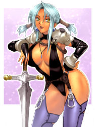 Rule 34 | 1girl, blue hair, breasts, cleavage, curvy, homare (fool&#039;s art), solo, source request, sword, thighhighs, weapon, yellow eyes