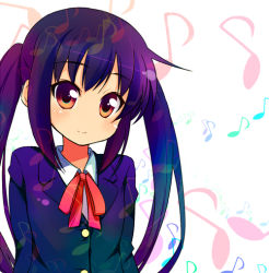 Rule 34 | 00s, 1girl, black hair, blazer, brown eyes, jacket, k-on!, long hair, musical note, nakano azusa, neck ribbon, no nose, red ribbon, ribbon, school uniform, smile, solo, sw (taco), twintails, upper body
