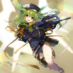 Rule 34 | 1girl, :d, beret, black footwear, black gloves, black hat, black jacket, black leotard, copyright request, covered navel, cropped jacket, cyawa, fate/grand order, fate (series), feathered wings, gloves, green hair, green wings, gun, hair between eyes, hat, head wings, highres, holding, holding gun, holding weapon, jacket, leotard, long hair, long sleeves, looking at viewer, olrun (fate), open mouth, red eyes, sandals, smile, solo, twintails, valkyrie (fate), weapon, weapon request, wide sleeves, wings, yellow gloves