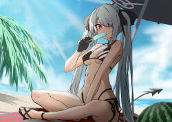 Rule 34 | 1girl, absurdres, beach, bikini, black bikini, black footwear, black gloves, black ribbon, blue archive, blue sky, blush, breasts, commentary request, dark skin, day, eating, food, fruit, gloves, grey hair, hair ribbon, halo, hand up, highres, holding, holding food, holding ice cream, holding popsicle, ice cream, indian style, iori (blue archive), iori (swimsuit) (blue archive), long hair, looking at viewer, mogurii, multi-strapped bikini bottom, ocean, official alternate costume, outdoors, popsicle, red eyes, ribbon, sandals, sitting, sky, small breasts, solo, swimsuit, tail, toes, tree, twintails, watermelon