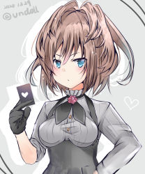 Rule 34 | 1girl, absurdres, alternate costume, black gloves, black skirt, blue eyes, brown hair, card, commentary request, dated, gloves, grey background, grey shirt, high-waist skirt, highres, kantai collection, long hair, looking at viewer, one-hour drawing challenge, pleated skirt, ponytail, sheffield (kancolle), shirt, skirt, solo, striped clothes, striped shirt, suspender skirt, suspenders, twitter username, und0ll, upper body