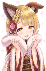 Rule 34 | 1girl, :d, animal ear fluff, animal ears, blonde hair, blush, braid, brown eyes, commentary request, dog ears, flower, fur collar, granblue fantasy, hair flower, hair ornament, hair ribbon, hands up, highres, japanese clothes, kimono, long sleeves, looking at viewer, obi, open mouth, red flower, red kimono, red ribbon, ribbon, sash, smile, solo, tomo (tmtm mf mf), upper body, vajra (granblue fantasy), wide sleeves