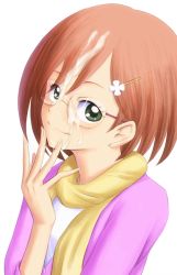 Rule 34 | 1girl, bonnie (rsg), brown hair, closed mouth, cum, cum on eyewear, cum on eyewear, cum on hair, facial, female focus, flower, glasses, go! princess precure, green eyes, hair flower, hair ornament, haruno moe, jacket, pink jacket, pink scarf, precure, rimless eyewear, scarf, shirt, short hair, simple background, smile, solo, upper body, white background, white flower, white shirt