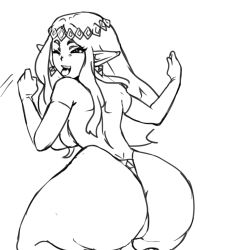 Rule 34 | 1girl, ass, back, breasts, dancing, elbow gloves, fang, g-string, gloves, greyscale, huge ass, keppok, lineart, monochrome, nintendo, one eye closed, panties, pointy ears, princess hilda, sideboob, solo, the legend of zelda, the legend of zelda: a link between worlds, thong, tiara, triforce, underwear, wink