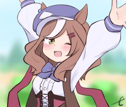 Rule 34 | 1girl, ;d, animal ears, arms up, blue hat, blurry, blurry background, blush, breasts, brown eyes, brown hair, cabbie hat, commentary request, day, depth of field, ears through headwear, hair ornament, hairclip, hat, horse ears, kujou karasuma, long hair, long sleeves, looking at viewer, matikane tannhauser (umamusume), medium breasts, multicolored hair, one eye closed, open mouth, outdoors, outstretched arms, puffy long sleeves, puffy sleeves, shirt, signature, smile, solo, streaked hair, tilted headwear, umamusume, upper body, white hair, white shirt