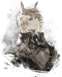 Rule 34 | 1boy, animal ears, arknights, black coat, blonde hair, closed mouth, coat, collared coat, cropped torso, expressionless, from side, highres, horse boy, horse ears, male focus, mlynar (arknights), orange eyes, portrait, remsrar, short hair, solo, white background