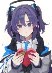 Rule 34 | 1girl, absurdres, blue archive, blue necktie, blush, box, collared shirt, dezi, gift, gift box, halo, heart-shaped box, highres, holding, holding gift, id card, jacket, long hair, looking at viewer, mechanical halo, necktie, open mouth, purple eyes, purple hair, shirt, simple background, solo, two side up, valentine, white background, white jacket, white shirt, yuuka (blue archive)