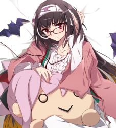 Rule 34 | 1girl, bat (animal), black hair, blush, brown hair, character doll, fate/grand order, fate (series), glasses, gradient hair, hairband, headphones, looking at viewer, low twintails, miyamoto musashi (fate), multicolored hair, origami, osakabehime (fate), purple eyes, solo, tsuezu, twintails